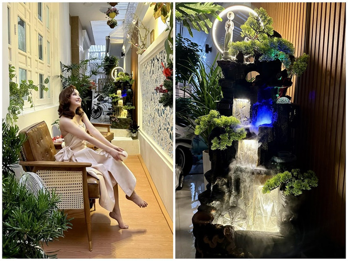 Vy Oanh khoe một góc vườn ngập tràn cây xanh.
