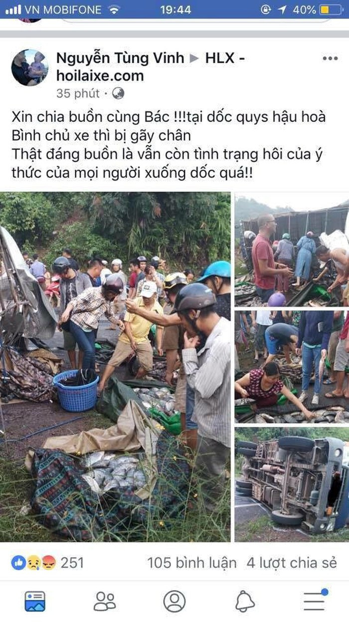 4. Nghi vấn hôi cá ở Hòa Bình: Ngày 13/9, trên mạng xã hội xuất hiện hình ảnh chia sẻ việc người dân xã Quy Hậu, huyện Tân Lạc, tỉnh Hòa Bình kéo nhau 'hôi của' chiếc ô tô chở cá bị lật. Tuy nhiên lãnh đạo công an xã đã lên tiếng bác bỏ thông tin này.