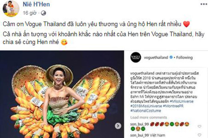 Truyền thông Thái Lan tỏ ra khá ưu ái H'hen Niê. Mới đây, tờ Vogue Thái đăng tải hình ảnh bộ quốc phục "Bánh Mì" của đại diện Việt Nam.