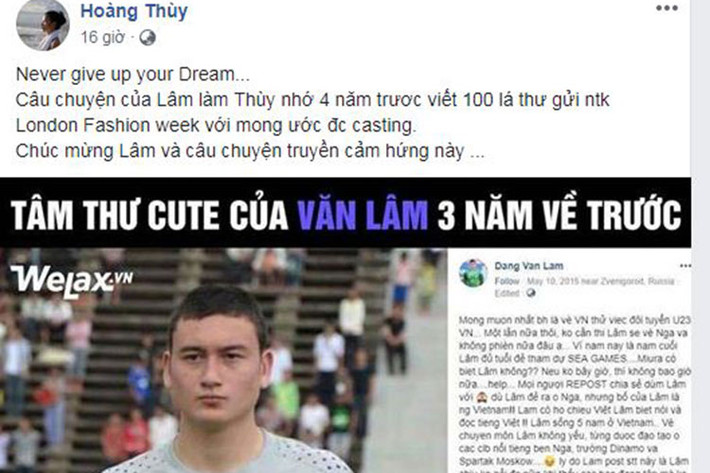 Thủ môn Đặng Văn Lâm đang trở thành ngôi sao trong lòng công chúng sau khi đội tuyển Việt Nam giành chức vô địch AFF Cup 2018. Ngoài cư dân mạng, nhiều mỹ nhân Việt cũng đổ gục trước tài năng và vẻ điển trai của anh. Một trong số đó là Á hậu Hoàng Thùy. Người đẹp chúc mừng Đặng Văn Lâm và dẫn lại câu chuyện truyền cảm hứng của thủ môn từng viết tâm thư xin vào đội tuyển Việt Nam vào 3 năm trước.