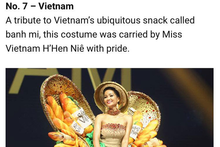 H'hen Niê cũng thể hiện tốt ở phần thi trang phục dân tộc. Nếu như bộ quốc phục "Bánh Mì" của đại diện Việt Nam gây tranh cãi trong nước thì trên báo nước ngoài, thiết kế lại được xếp vào danh sách quốc phục gây ấn tượng.