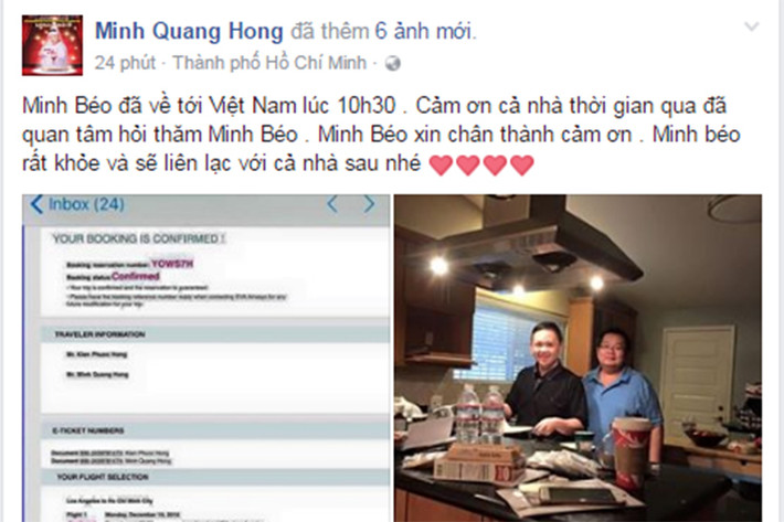 Mới đây, trên trang cá nhân, diễn viên Minh Béo vừa thông báo anh đã trở về Việt Nam sau khi mãn hạn tù. Nam diễn viên tiết lộ Minh Béo về nước vào lúc 10h30 sáng nay (ngày 21/12). (Ảnh: Facebook nhân vật)