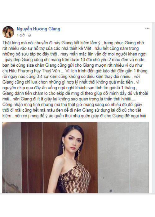 Hot Face sao Việt 24h: Hương Giang Idol tiết lộ lý do chăm diện đồ cũ sau đăng quang Hoa hậu Chuyển giới Quốc tế. Theo lời người đẹp, cô muốn tiết kiệm để ê-kíp được thoải mái ở Thái Lan.