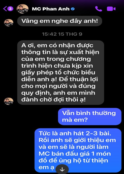 Duy Mạnh chia sẻ, sau khi anh hát 2-4 bài, anh sẽ giới thiệu Phan Anh là MC phần bán đấu giá từ thiện. Ảnh: FB Duy Mạnh.