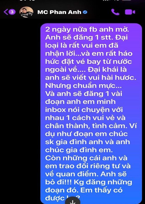Duy Mạnh hứa hẹn sẽ thông báo Phan Anh tham gia đêm nhạc trên trang cá nhân. Ảnh: FB Duy Mạnh.