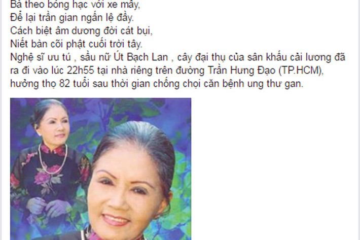 Ca sĩ Nguyên Vũ buồn bã viết: “Bà theo bóng hạc với xe mây/Để lại trần gian ngấn lệ đầy/Cách biệt âm dương đời cát bụi/Niết bàn cõi phật cuối trời tây”. (Ảnh: chụp màn hình)