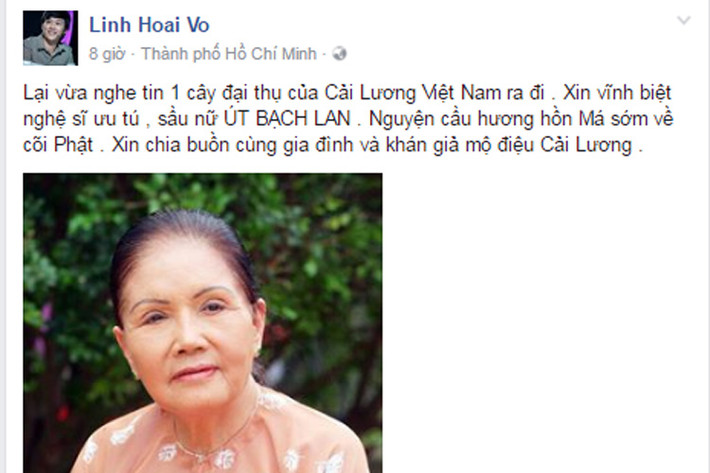 Danh hài Hoài Linh vừa gửi lời vĩnh biệt cây đại thụ của cải lương Việt Nam và nguyện cầu hương hồn nữ nghệ sĩ sớm về cõi Phật. (Ảnh: chụp màn hình)