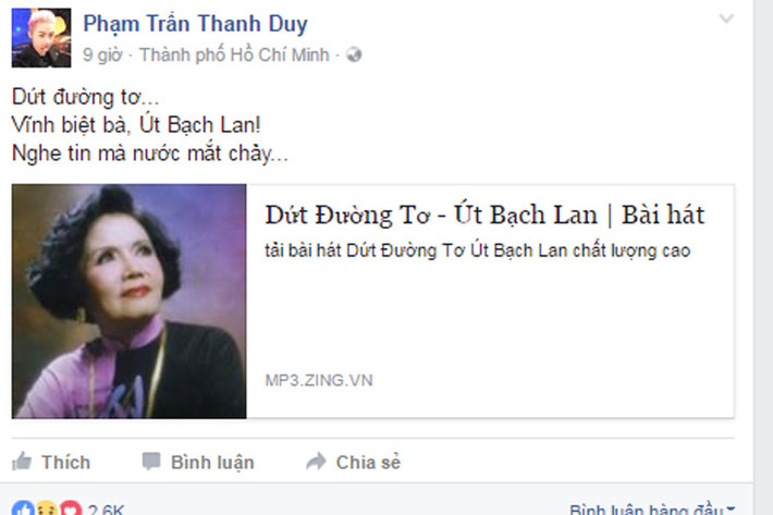 Ca sĩ Thanh Duy bày tỏ niềm đau xót: “Dứt đường tơ. Vĩnh biệt bà, Út Bạch Lan. Nghe tin mà chảy nước mắt”. (Ảnh: chụp màn hình)