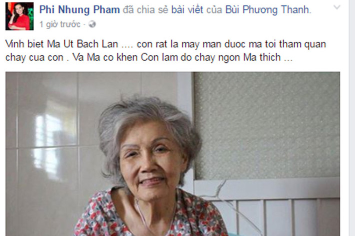Ca sĩ Phi Nhung cũng bày tỏ lòng tiếc thương. Cô viết: “Con rất may mắn được má tới thăm quán chay của con và má còn khen con làm đồ chay ngon má thích”. (Ảnh: chụp màn hình)