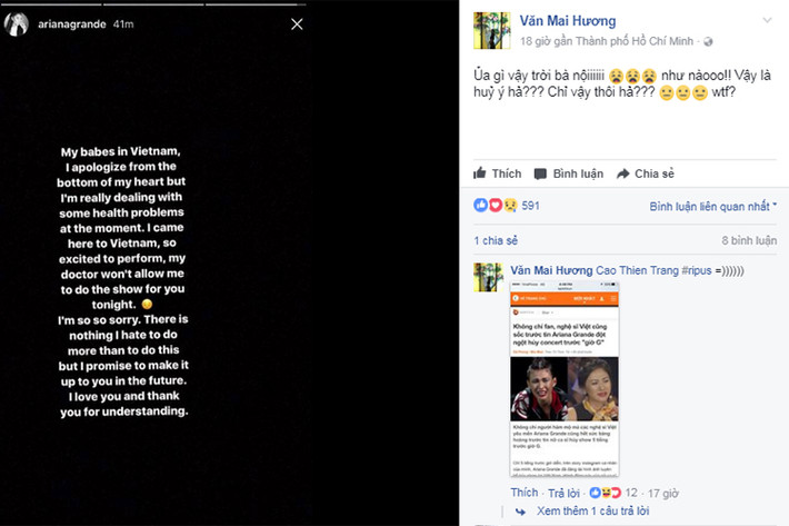 Văn Mai Hương tỏ ra vô cùng thất vọng trước cách Ariana Grande hủy show ở Việt Nam ngay trước giờ diễn qua story của Instagram - một chế độ mà chia sẻ sẽ biến mất trong 24h.
