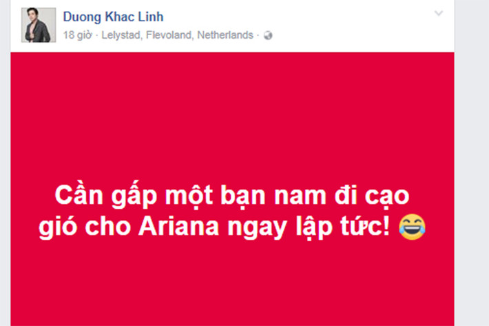 Dương Khắc Linh cũng đăng tải status hài hước Ariana cần đến sự giúp đỡ sau thông báo hủy show vì lý do sức khỏe.