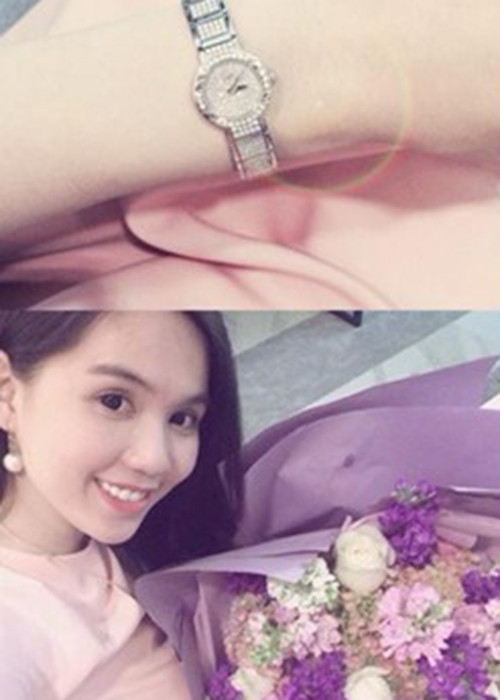 Dịp Valentine 2014, Ngọc Trinh cũng đã nhận được bó hoa tươi và chiếc đồng hồ hiệu Piguet, trị giá hơn 800 triệu đồng từ người đàn ông hơn cô 20 tuổi này. (Ảnh: Facebook nhân vật)