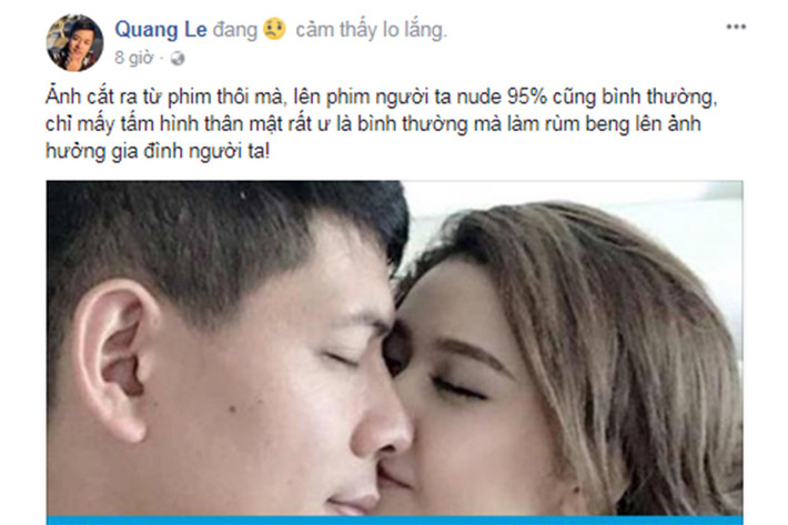 Không chỉ Minh Luân, Quang Lê cũng vừa lên tiếng bênh vực Bình Minh và Trương Quỳnh Anh. Quang Lê viết: “Ảnh cắt ra từ phim thôi mà, chỉ mấy tấm hình thân mật rất ư là bình thường mà làm rùm beng lên ảnh hưởng gia đình người ta!”. Ảnh: chụp màn hình