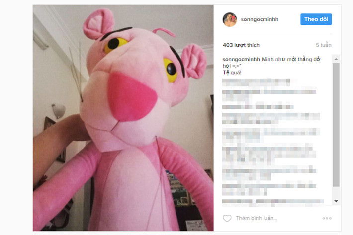 Trên trang cá nhân Instagram, Sơn Ngọc Minh từng khoe hình ảnh chú gấu bông màu hồng. (Ảnh: chụp màn hình)
