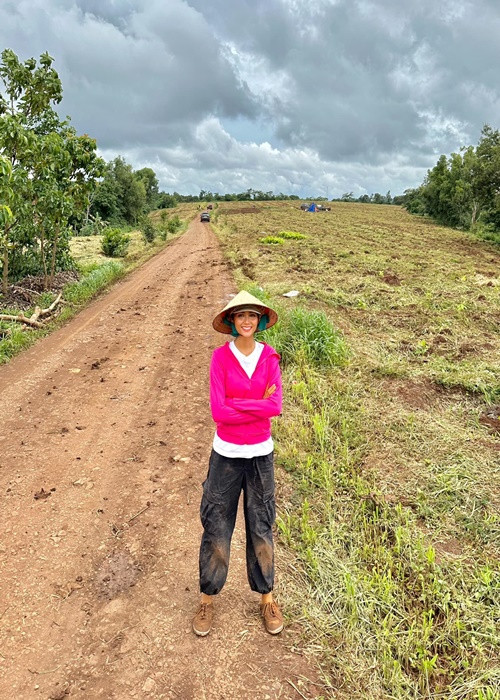 Về quê, H'hen Niê tham gia trồng cây cà phê cùng gia đình.