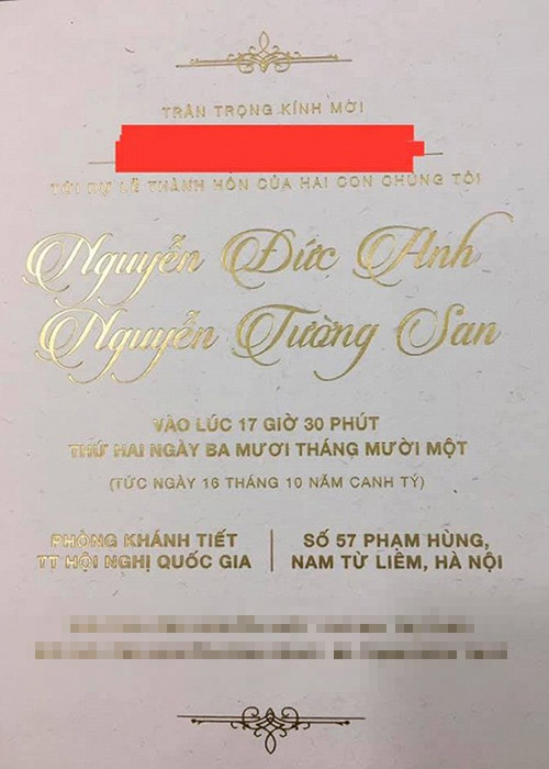 Mới đây, Tường San còn lộ thiệp cưới. Ảnh: Công lý & xã hội