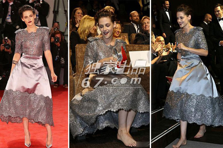 Tại một sự kiện, Kristen Stewart diện váy ánh kim, đi giày cao gót cùng tông màu hàng hiệu. Tuy nhiên, không lâu sau đó, cô tháo giày, đi chân trần. Ảnh: 67