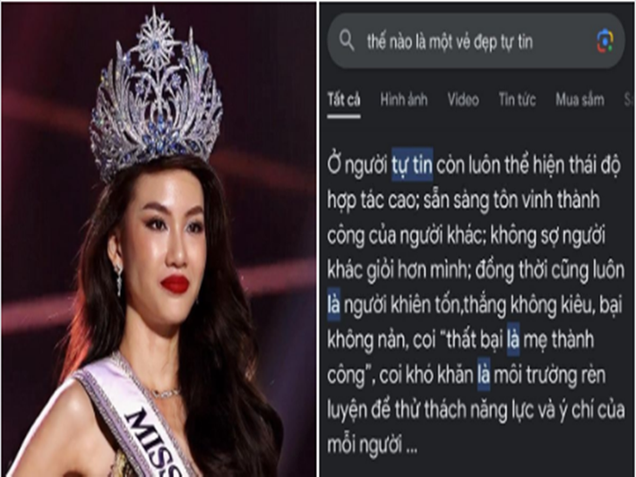 Quỳnh Hoa còn bị soi có phần trả lời ứng xử giống gợi ý trên Google khi trả lời câu hỏi "Theo bạn, thế nào là vẻ đẹp tự tin?" trong chung kết Miss Universe Vietnam 2023. Bên cạnh đó, người đẹp nói sai cụm từ "thắng không kiêu, bại không nản" thành "thắng không kiêu, bại không chảnh". Ảnh: Pháp Luật TP HCM.