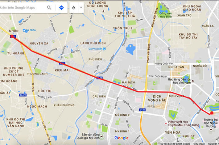 Lộ trình tuyến metro Nhổn - Ga Hà Nội. Ảnh: Google Maps.