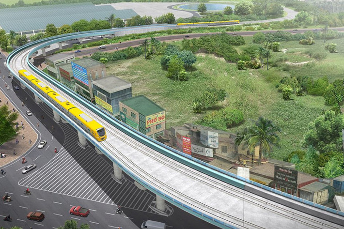 Dự án tuyến metro Nhổn Ga Hà Nội có chiều dài khoảng 12,5 km chạy dọc quốc lộ 32 từ Nhổn qua các đoạn đường Hồ Tùng Mậu - Cầu Giấy - Kim Mã - Núi Trúc - Cát Linh - Trần Quý Cáp và kết thúc ở ga Hà Nội. Trong ảnh là phối cảnh 3D của đoạn trên cao để tàu đi từ khu depo Nhổn ra ga Nhổn.