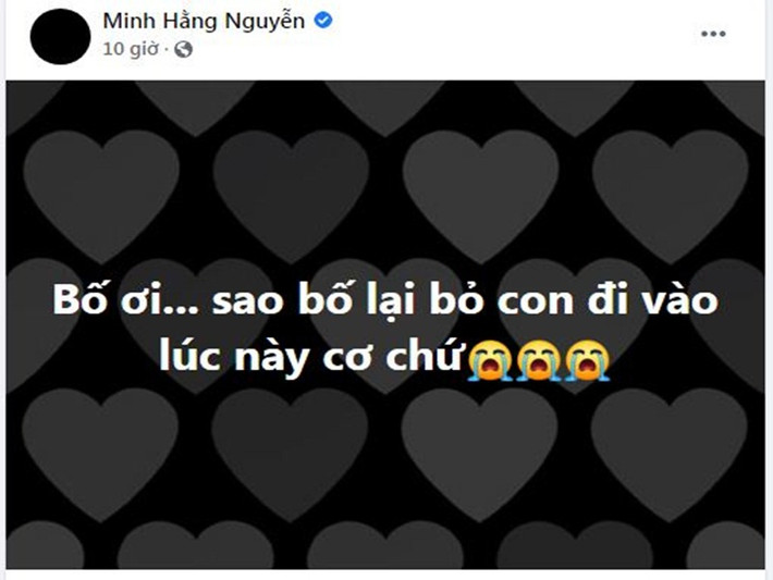 Trên trang cá nhân, NSND Minh Hằng đau buồn thông báo bố đẻ của cô đã từ biệt cõi trần. Ông qua đời ở tuổi 94. “Bố ơi, sao bố lại bỏ con đi vào lúc này cơ chứ”, Minh Hằng đau xót.
