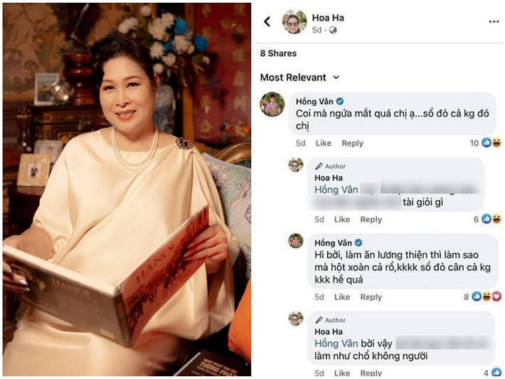 Hồng Vân cũng là một trong những nghệ sĩ vướng ồn ào với bà Phương Hằng. Sự việc bắt nguồn từ bình luận của Hồng Vân với đạo diễn Hoa Hạ ám chỉ bà Hằng "nổ" khi tuyên bố "sổ đỏ, kim cương cân cả ký, cả rổ". Sau đó, dù Hồng Vân phủ nhận đá xéo, bà Hằng vẫn liên tục công kích Hồng Vân. Bà từng tung đoạn ghi âm ẩn ý nhân vật là Hồng Vân có lời lẽ không hay về khán giả. Ảnh: Saostar