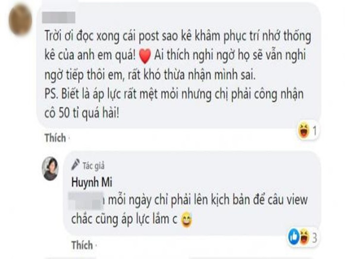 Huỳnh Mi cũng còn gây chú ý khi để lại bình luận bóng gió về doanh nhân Phương Hằng - người hứa tặng Trấn Thành 50 tỷ nếu anh sao kê từ thiện. Ảnh: Công lý và xã hội