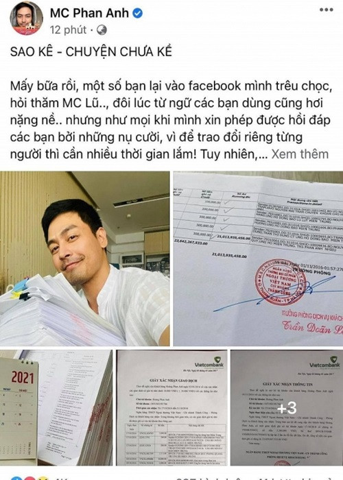 Phan Anh công khai một lần nữa sao kê lẫn chứng từ thu chi. Đồng thời, anh bày tỏ mong khán giả hãy xem, hãy “soi” thật kỹ. “Nếu thấy bất kể dấu hiệu nào về việc Phan Anh ăn chặn từ thiện xin hãy kiện mình, xin hãy tố cáo mình với công an, với tòa án hoặc các cơ quan báo chí truyền thông. Mình sẵn sàng dành thời gian cho tất cả”, nam MC cho hay.