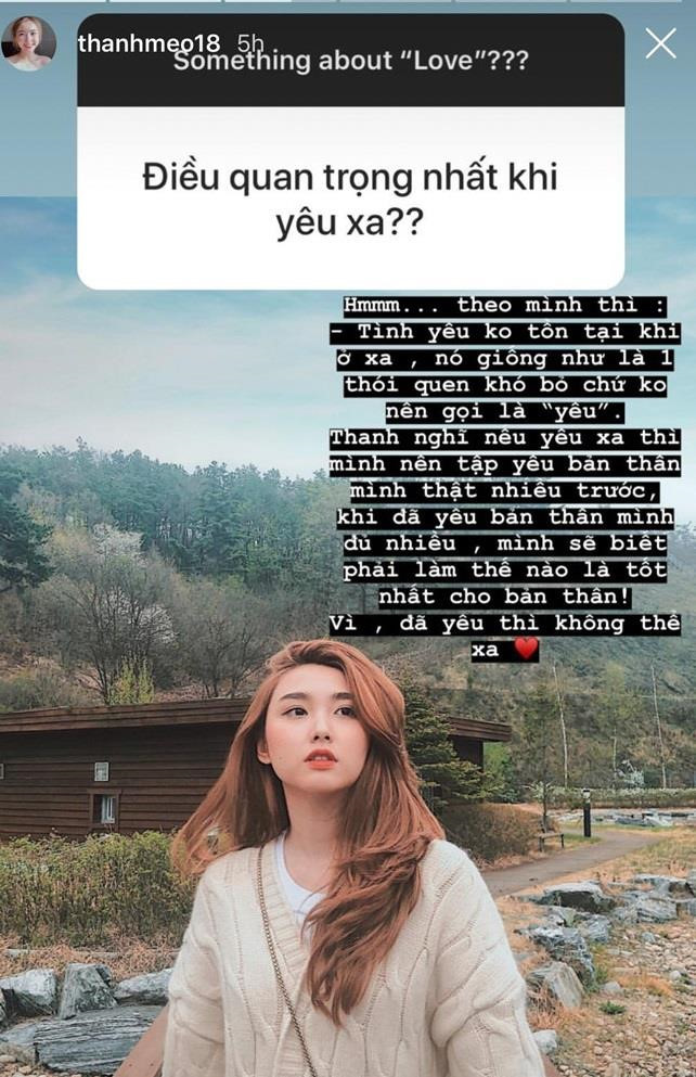 Tuy nhiên, khi được hỏi trên trang cá nhân mới đây: "Điều quan trọng nhất khi yêu xa?", Lê Thị Thanh trả lời "nên yêu bản thân mình trước" và "tình yêu không tồn tại khi ở xa" khiến nhiều người thắc mắc về mối quan hệ hiện tại của cô với thủ thành quê Thanh Hóa. Hiện 9X sống tại Sài Gòn, còn Bùi Tiến Dũng chủ yếu ở Hà Nội.
