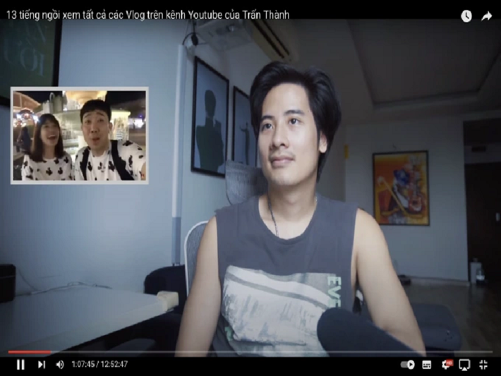 Mới đây, JVevermind còn đăng tải video dài 13 tiếng đồng hồ ghi lại quá trình xem các vlog của Trấn Thành. Ảnh: Dân trí