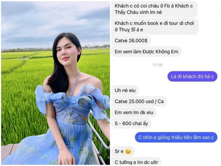Trên trang cá nhân, Lê Ngọc Trinh đăng tải ảnh chụp tin nhắn bị gạ đi tour ở Thụy Sĩ với giá 26.000 đô. Trong tin nhắn, người đẹp đáp trả người nhắn tin gạ gẫm: "Chị nhìn em giống thiếu tiền lắm sao? 500-600 triệu rủ đi ăn có khi em chửi chạy không kịp. Em có thiếu tiền đâu". Ảnh: FBNV