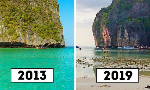 1. Vịnh Maya thuộc quần đảo Phi Phi, Thái Lan: Địa điểm này trở nên phổ biến đối với khách du lịch sau bộ phim “The Beach with Leonardo DiCaprio”. Vào thời điểm đó, mỗi ngày vịnh Maya có khoảng 5.000 người ghé thăm. Vào tháng 6/2018, chính quyền đã quyết định đóng cửa vô thời hạn điểm tham quan nổi tiếng này để phục hồi.