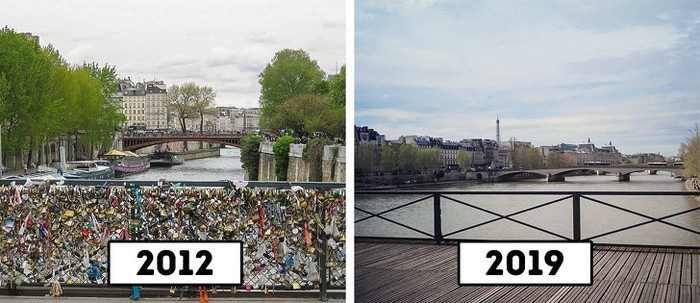 8. Pont des Arts ở Paris: Cây cầu nổi tiếng này chứa đầy những ổ khóa tình yêu đến nỗi tổng trọng lượng lên đến khoảng 45 tấn. Chính phủ lo sợ số lượng chìa khóa bị ném xuống sông quá nhiều sẽ gây ô nhiễm, cộng với trọng lượng quá nặng có thể khiến cây cầu bị sập.