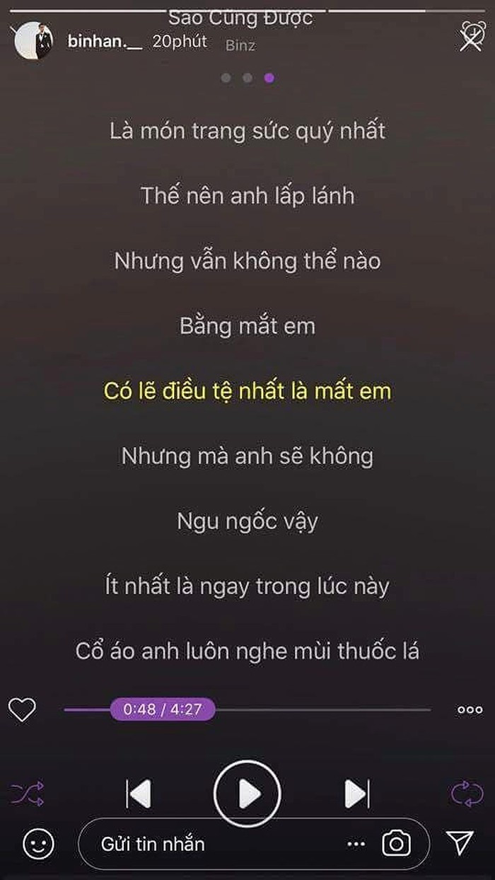 Một thời gian sau, dòng trạng thái đầy tâm trạng được Bình An chia sẻ trên trang Instargram, trong đó có câu "có lẽ điều tệ nhất là mất em" làm dấy lên tin đồn về việc anh và Phương Nga đã "đường ai nấy đi".