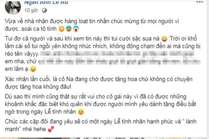 Ngân Anh lên tiếng phủ nhận là cô gái trong clip gây xôn xao mạng xã hội. "Xác nhận lần cuối là tôi đang chờ được tặng hoa chứ không có chuyện được tặng hoa khủng đâu", Ngân Anh chia sẻ. Ảnh: FBNV