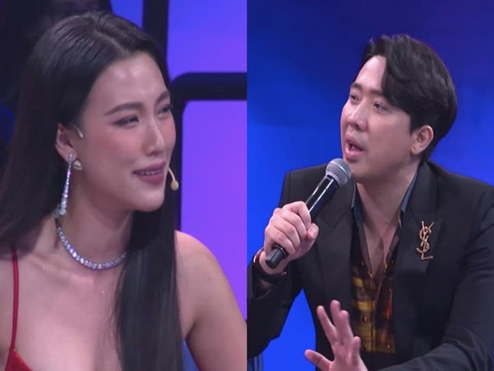 Trong chương trình Người ấy là ai phát sóng mới đây, Trấn Thành “rao bán” Anh Đức cho MC Hoàng Oanh. Ảnh: Tiền Phong