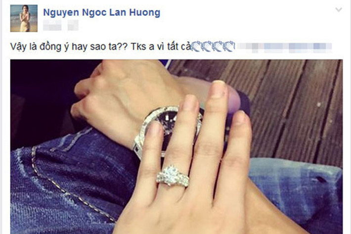 Đầu năm 2015, Lan Hương hé lộ được bạn trai tặng nhẫn kim cương đeo ở ngón áp út. Ảnh: Ngôi sao