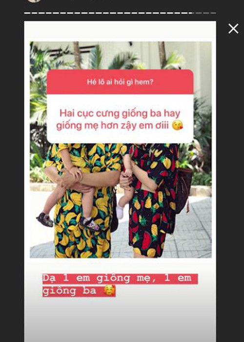 Mới đây, giao lưu với fan, Cindy Lư chia sẻ bức ảnh hiếm hoi bên Hoài Lâm và hai con gái đồng thời tiết lộ 1 bé giống mẹ, 1 bé giống bố.