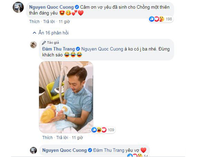 Dưới bài đăng của Đàm Thu Trang, Cường Đô la công khai "nịnh" bà xã: "Cảm ơn vợ yêu đã sinh cho chồng một thiên thần đáng yêu". Cựu người mẫu đáp lại: "Không có gì ba nhé. Đừng khách sáo".
