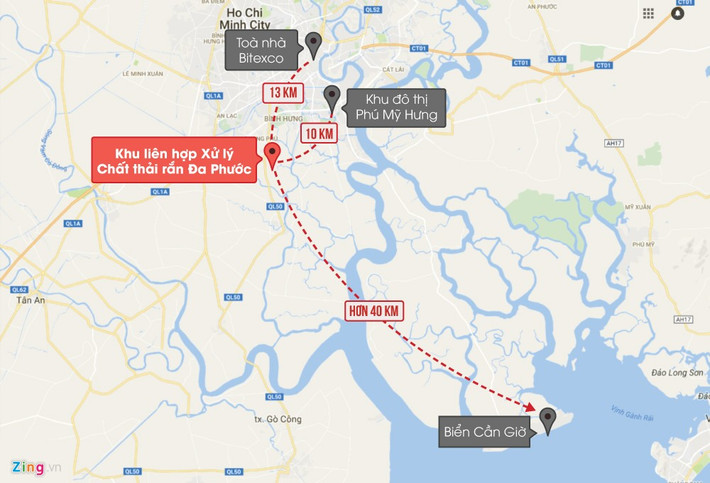 Khoảng cách từ bãi rác Đa Phước tới trung tâm TP HCM chừng 13 km và tới khu đô thị Phú Mỹ Hưng chỉ chừng 10 km. Đồ họa: Phượng Nguyễn.