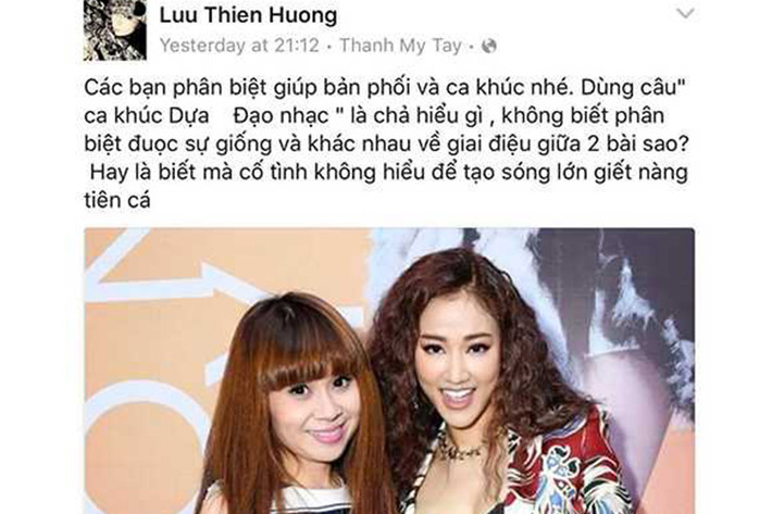 Trước lời tố đạo nhạc, Lưu Thiên Hương phản pháo. Theo Lưu Thiên Hương, bản phối ca khúc “Dựa” chỉ có câu dạo giống bài “Legends”, chứ không phải là đạo nhạc. Giai điệu của "Dựa" cũng không hề giống bài "Legends". Ảnh: VTC