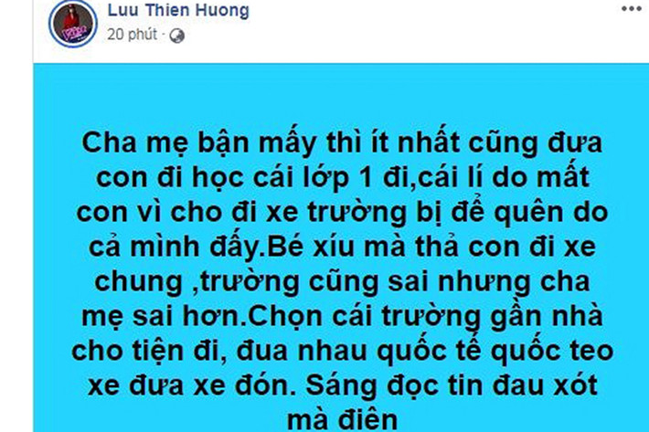 Ca sĩ Lưu Thiên Hương bày tỏ quan điểm dù bận đến mấy các bậc phụ huynh nên tự đưa đón con đi học.
