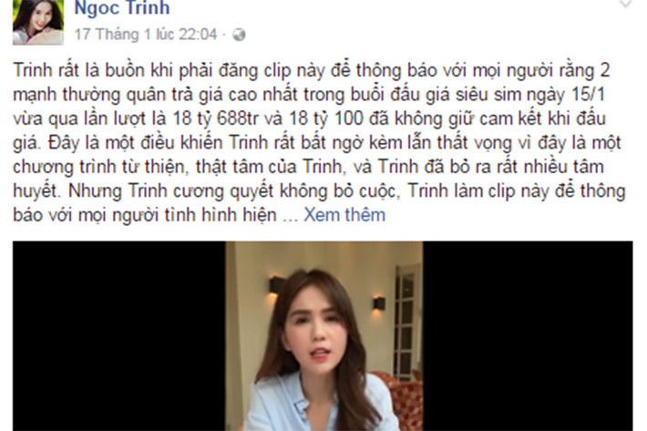 Trước đó, Ngọc Trinh buồn rầu chia sẻ “nữ đại gia” đeo mặt nạ đấu giá thành công chiếc SIM của cô hủy cam kết thanh toán. Khi liên hệ với người trả giá cao thứ 2, cô tiếp tục thất bại. Vì vậy, Ngọc Trinh quyết định tổ chức buổi đấu giá khác. (Ảnh: chụp màn hình)