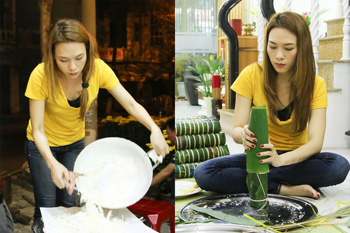 Ca sĩ Mỹ Tâm cũng là cô gái rất đảm đang. Nữ ca sĩ từng khiến fans thích thú khi trổ tài làm bánh tét, mứt dừa mỗi dịp Tết đến xuân về. “Họa mi tóc nâu” cũng từng vào bếp nấu ăn cho người nghèo. (Ảnh: Dân Việt)