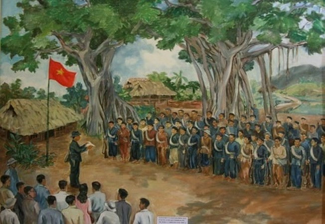 Bức họa lễ xuất quân của 34 chiến sỹ Giải phóng quân tại cây đa Tân Trào 8/1945