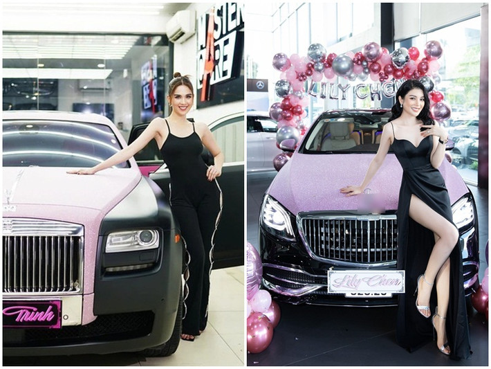 Lily Chen tậu chiếc xe hơn 7,4 tỷ Mercedes-Maybach S450 4Matic đời mới hồi tháng 4/2021. Chi tiết nửa thân trên xe dán đề-can màu hồng kim tuyến khiến nhiều người liên tưởng đến chiếc xe Rolls-Royce Ghost của Ngọc Trinh.