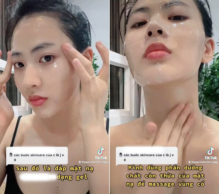 Khi da mặt đang còn ấm nóng, rất cần thiết để làm hạ nhiệt làn da, giúp lỗ chân lông se khít lại. Biện pháp hữu hiệu nhất lúc này là đắp mask lạnh. Nếu miếng mask được bảo quản trong ngăn mát tủ lạnh sẽ cho cảm giác sảng khoái tột cùng. Chị em lưu ý thoa cả dưỡng chất lên vùng da cổ và ngực như Minh Trang nữa.