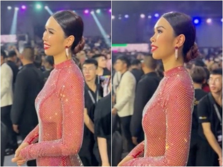 Là người thực hiện chiếc áo dài, NTK Lý Quí Khánh cho biết, khi giao đồ cho Hà Anh, anh có tư vấn kỹ cách mặc nhưng phía anh lẫn Hà Anh sơ xuất quên thử chụp ảnh trang phục bằng flash. “Mặc dù mình không tạo ra việc này nhưng thấy có trách nhiệm lên tiếng vì không phải lỗi hoàn toàn ở chị vì chị không rành về chất liệu này, mắt thường thì không thấy hở tí nào”, Lý Quí Khánh phân trần. Ảnh: Người đưa tin