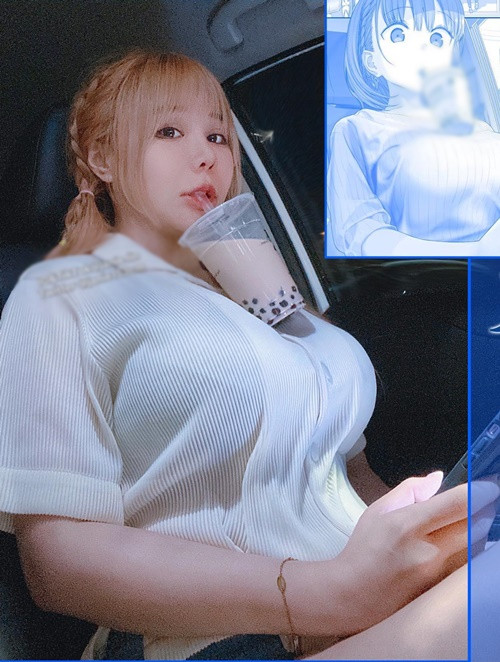Janie dùng ngực đỡ trà sữa giống một cô nàng trong truyện tranh.