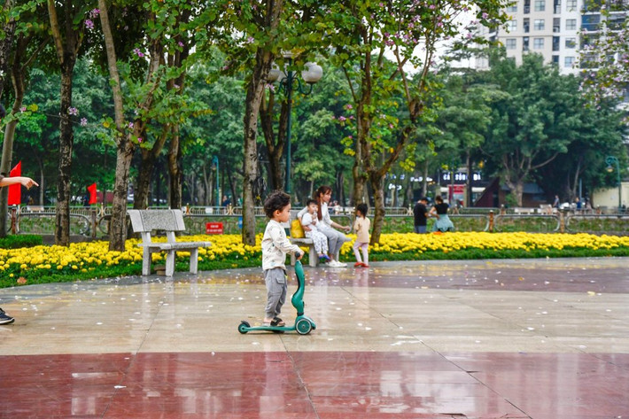 Góc công viên nở rộ hoa ban trở thành nơi lý tưởng để hít thở bầu không khí trong lành sau một ngày dài mệt mỏi.